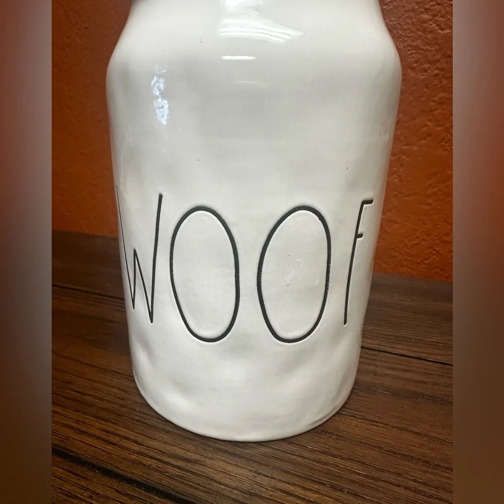 Rae Dunn By Magenta WOOF Dog Treat Ivory Ceramic Jar Red Lid Canister 9.5’’